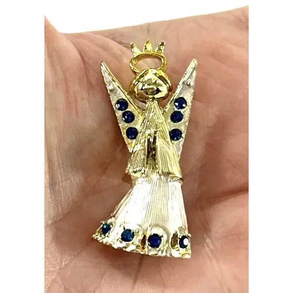 Vintage Gold Tone Angel Brooch Blue Rhinestone Accents 1.75” Holiday Pin - Picture 7 of 7